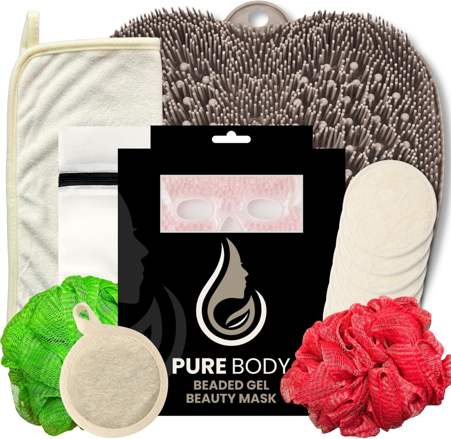 Ultimate Christmas Stocking Stuffers Beaded Beauty Mask, Foot Scrubber Mat, Bath Sponges and Reusable Makeup Remover Pads and Bamboo Face Towel, Relaxation Spa Themed Xmas Gifts