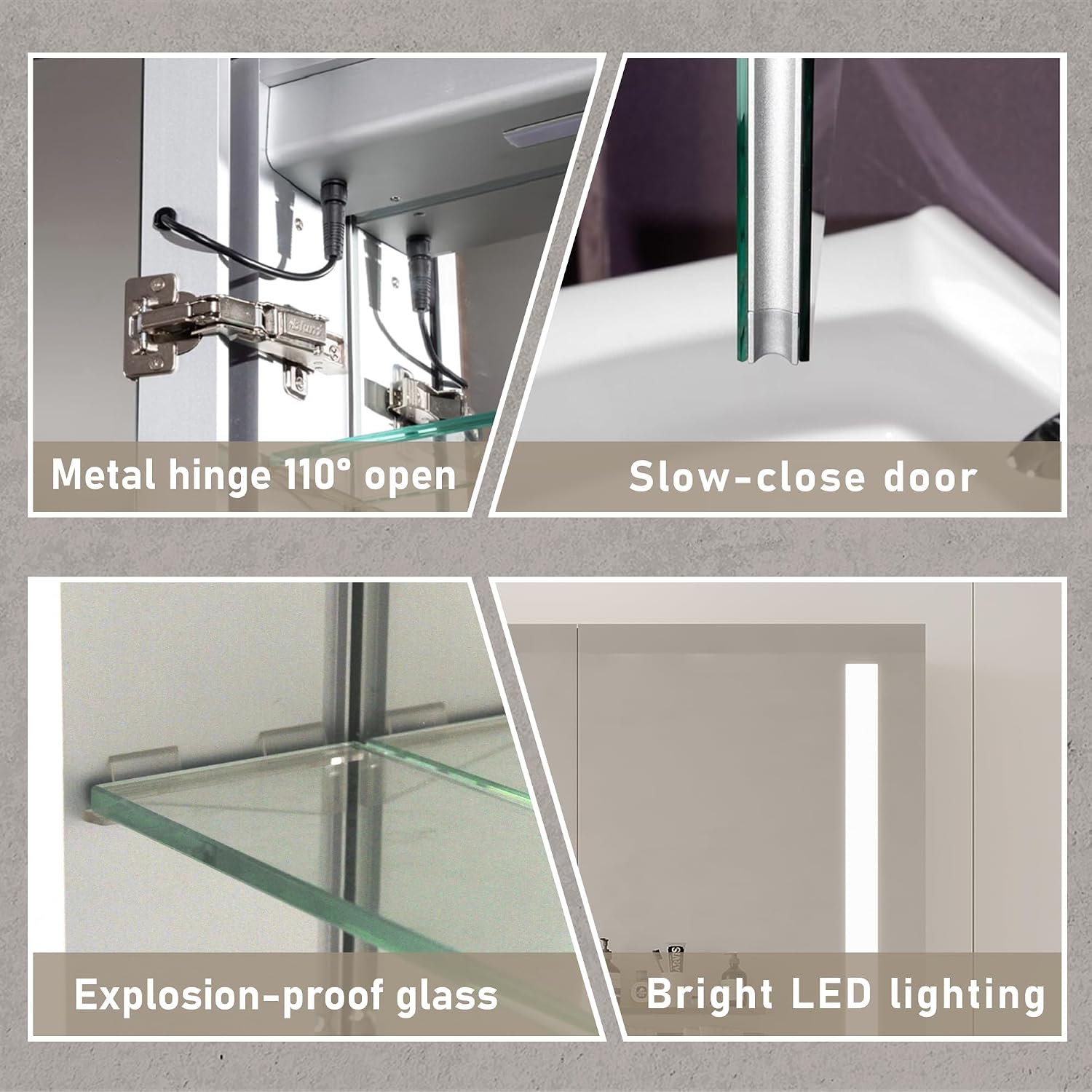 Close-up of cabinet features including hinges, slow-close door, explosion-proof glass, and LED lighting