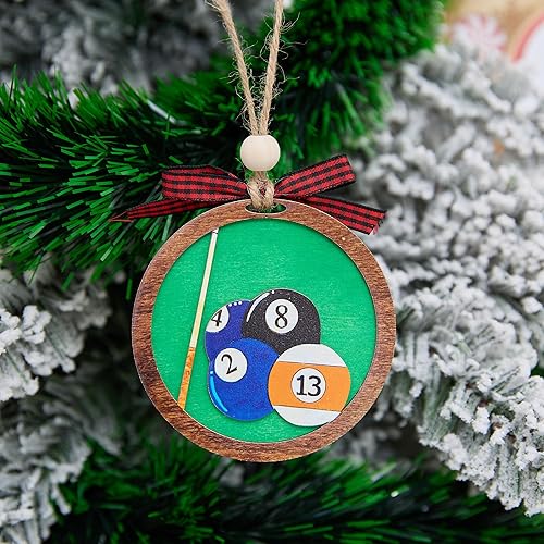 Miniatura 7 de Bola de Billar Adorno de Navidad de 4 Pulgadas  Decoración de Taco y Bolas de Madera en Capas, Regalo para Jugadores de Billar, Sala de Juegos,