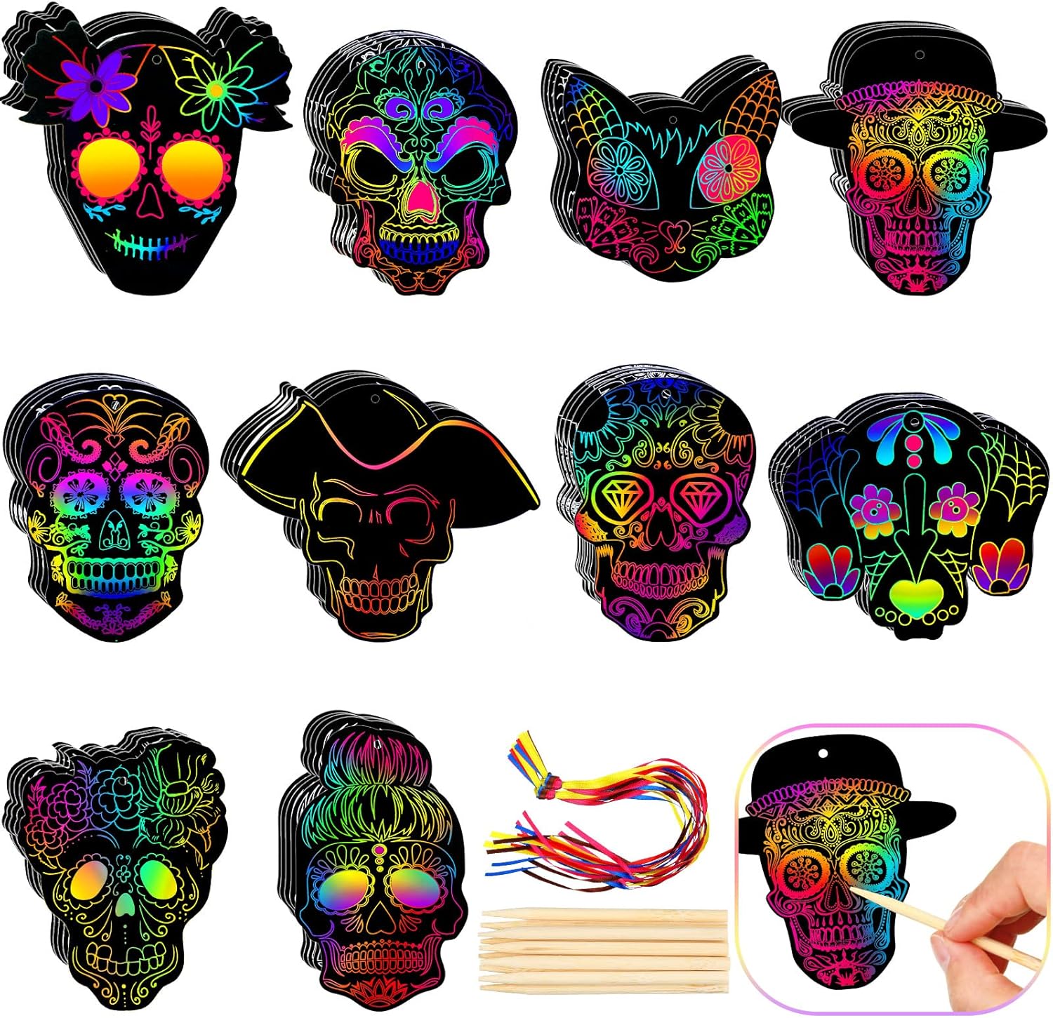 Yinder 60 Pcs Day of The Dead Scratch Masks Gifts Halloween Skull Mask Craft Kit DIY Craft Scratch Party Favor with Ribbon and Wooden Stylus for Dia De Los Muertos Halloween Skull Party Favors