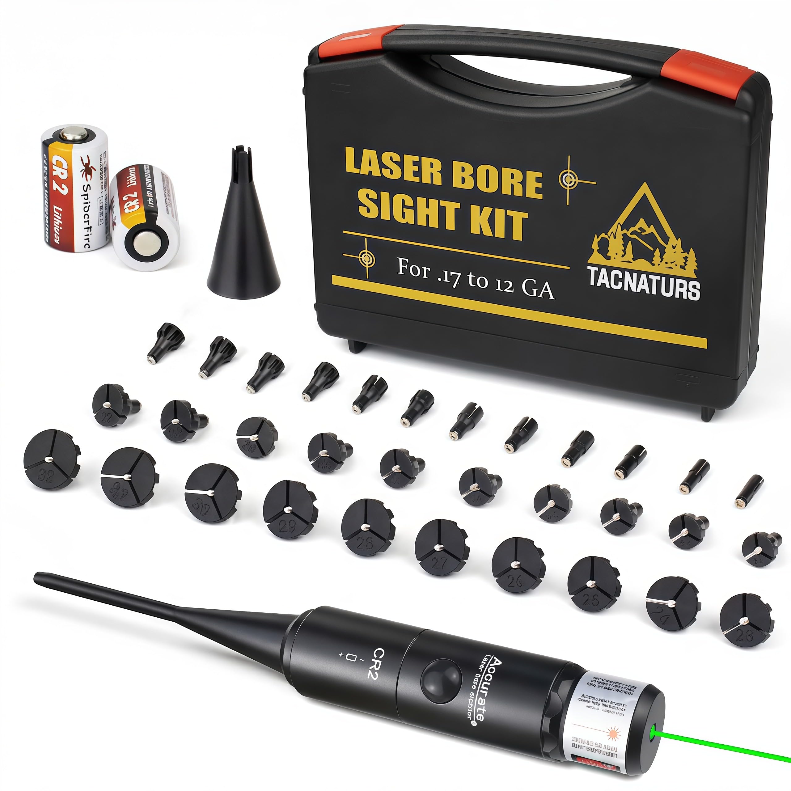 Professional Laser Bore Sight Kit with 32 Adapters fit 0.17 to 12GA Calibers, Red or Green Bright Bore Sighter Laser with Button Switch — view 6