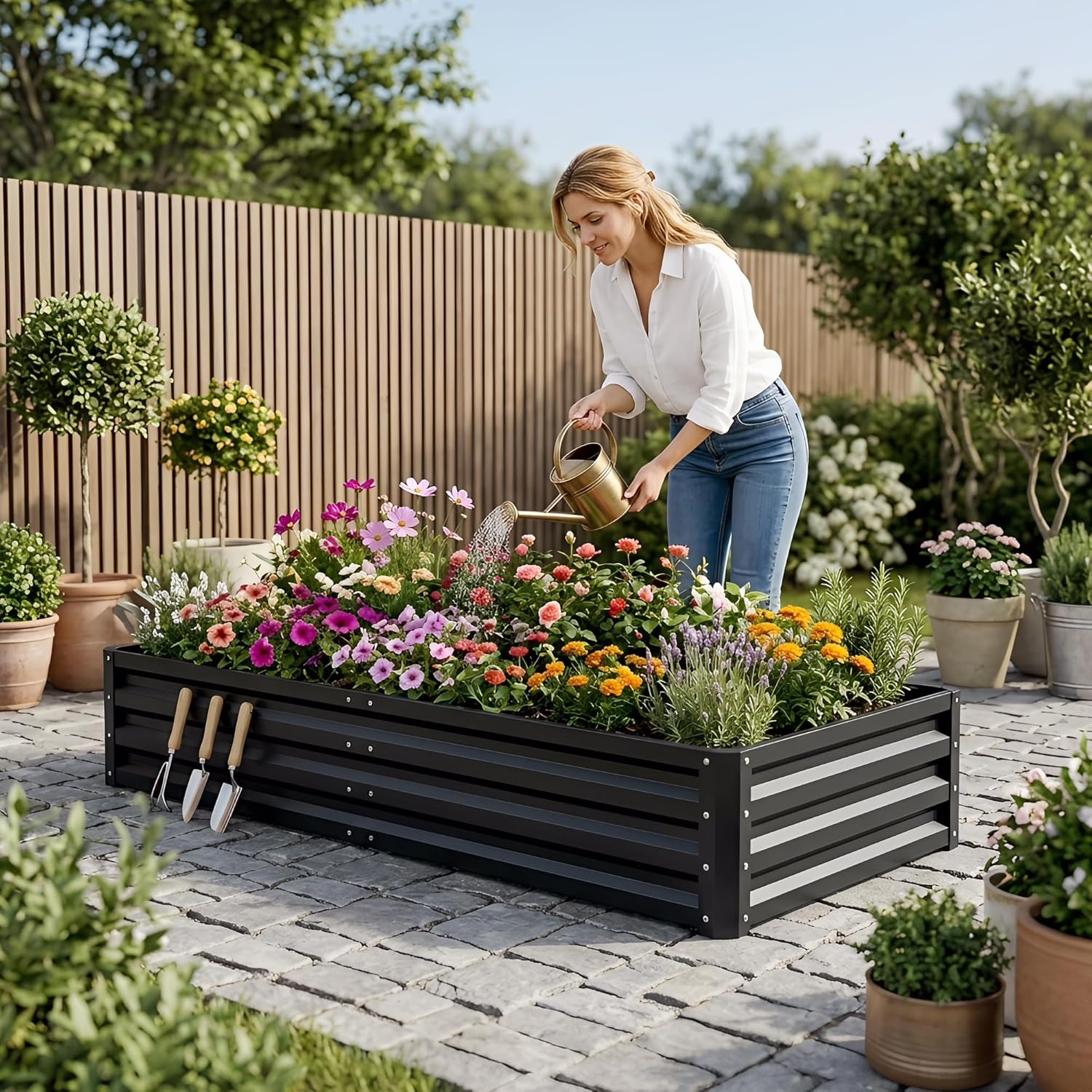 ONCEMORE Galvanized Raised Garden Bed for Vegetables Flowers Herbs, Cover Outdoor Extra-Thick Metal Planter Box Kit,w/Tomato Cage, Labels, Tool, 6×3×1FT Black(Clear)