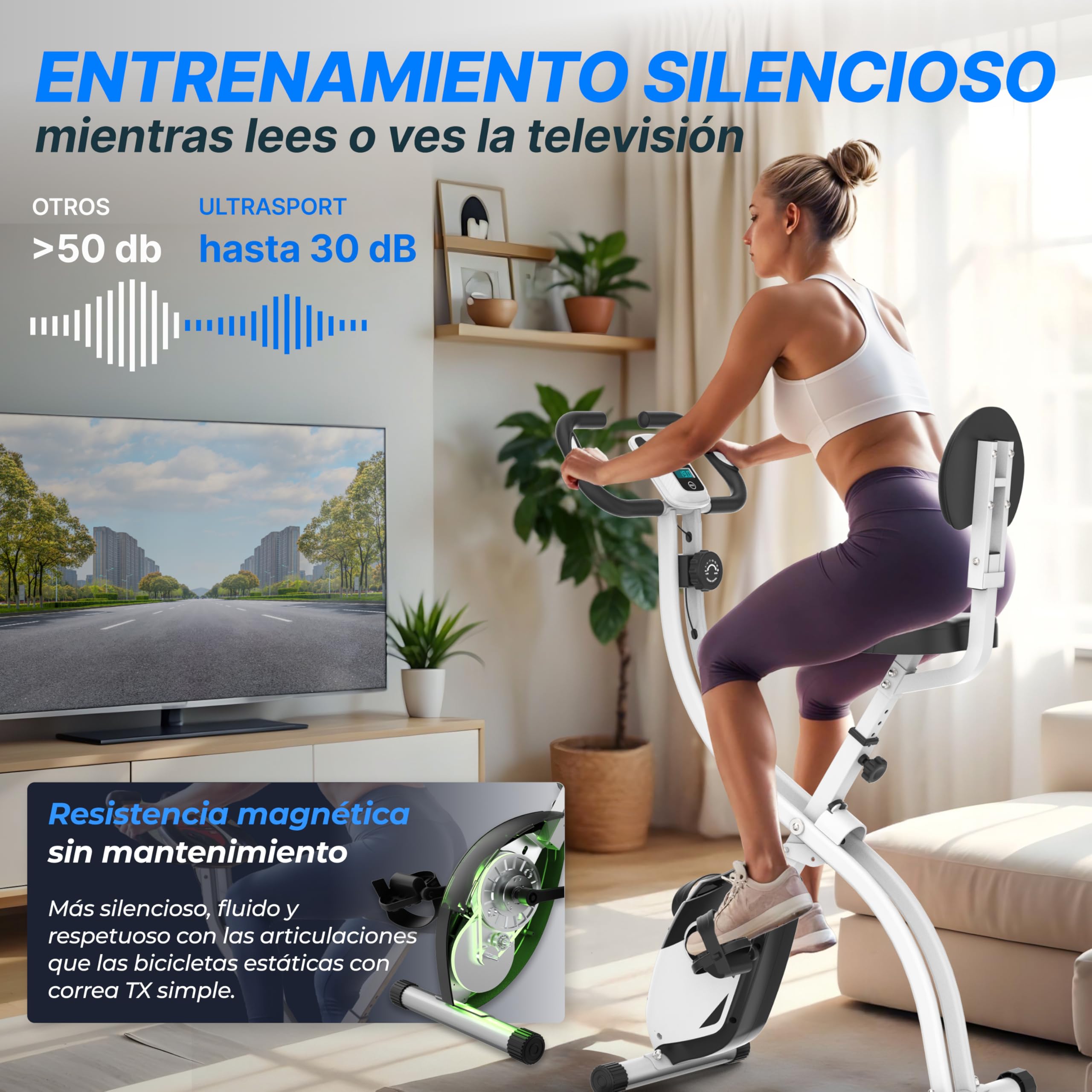 Ultrasport F-Bike 200B, entrenador bicicleta, bicicleta estática plegable, con respaldo,computadora entrenamiento LCD,peso máximo 110 kg,medición frecuencia cardíaca,8 niveles resistencia, Rosa/Blanco