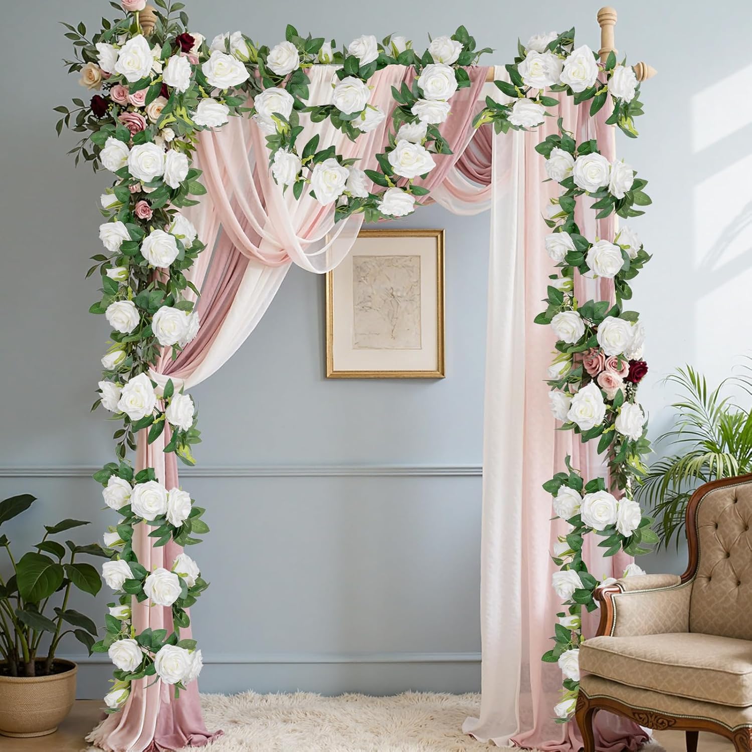 U'Artlines 3 Pack Artificial White Rose Vines Floral Garlands Total 19.5 Ft Fake Vine Silk Flower Garland for Indoor Outdoor Home Wedding Arch Garden Wall Decoration