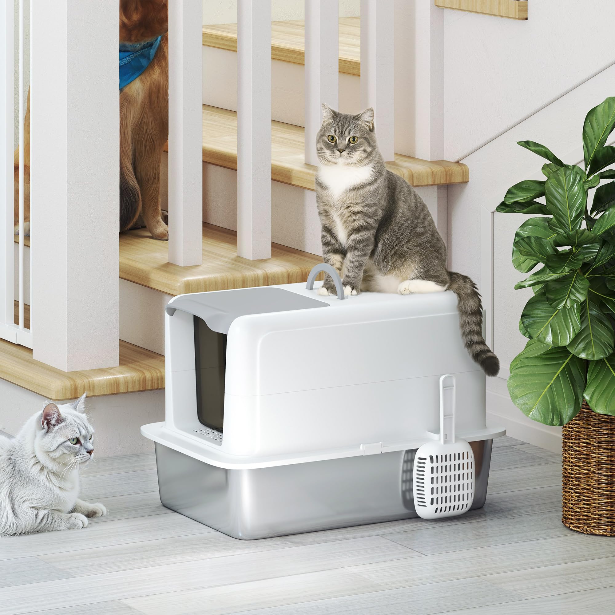 PawHut Katzenklo XXL mit Deckel für Große Katzen 40,5x60,5x41,5 cm Weiß | Edelstahl, Katzentoilette mit Wanne, Eingebauter Streufilter, Streuschaufel, Cat Litter Box