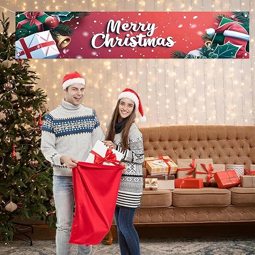 Miniatura 2 de Cartel de Navidad de 118 x 20 pulgadas, fondo rojo, cajas de regalo, campanas de acebo, sombrero de Papá Noel, decoración de pared, suministros de