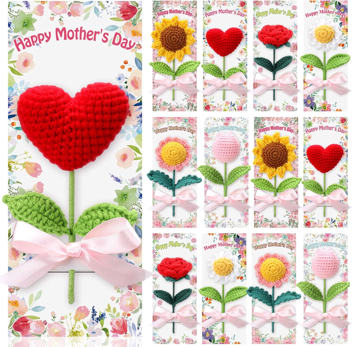 12 Set Mother's Day Gifts for Women Mom Crochet Flower Party Favors Thank You Cards for Mother Handmade Knitted Flower Appreciation Gifts Church Party Favors for Her Mom Grandma