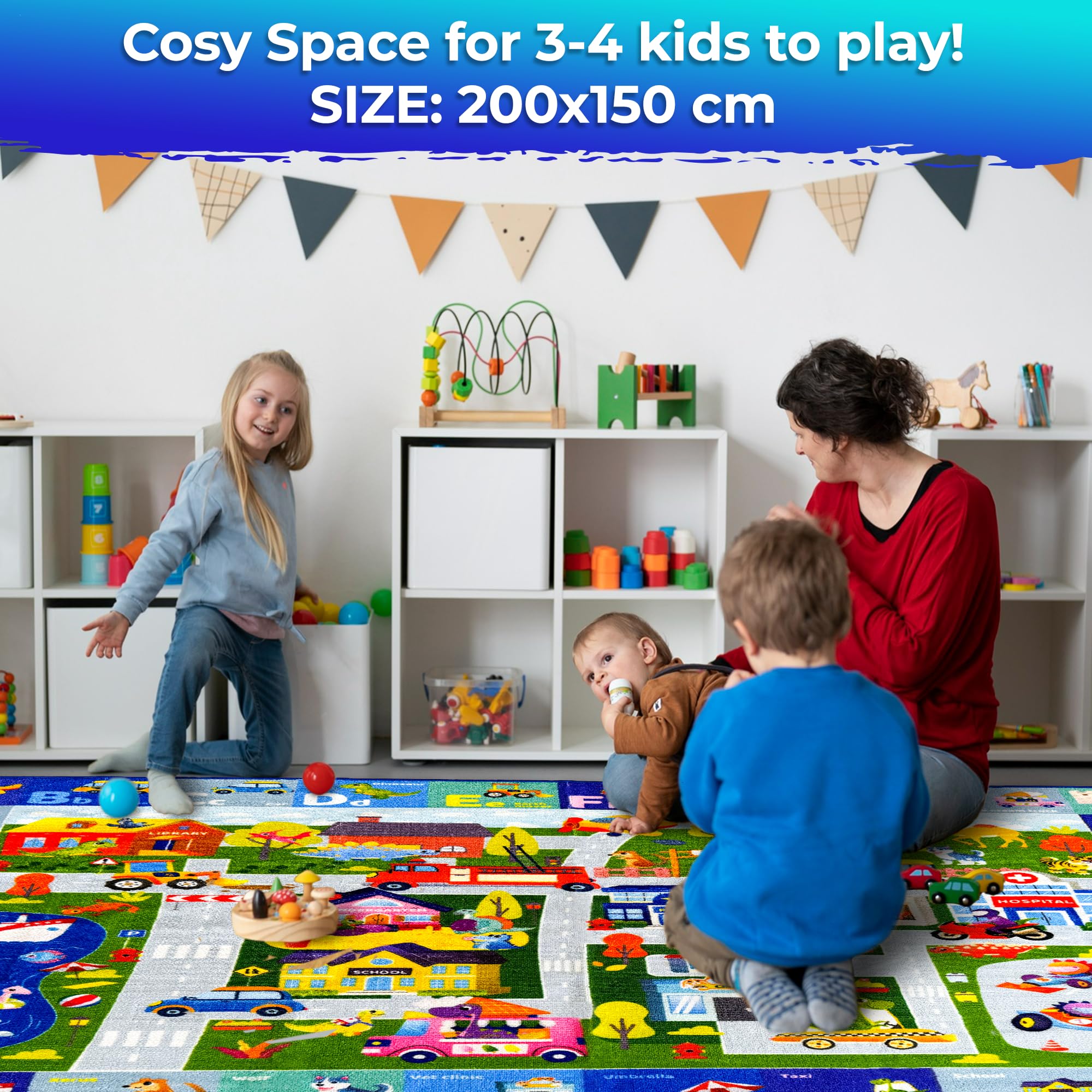QUOKKA Tapis de salle de classe pour enfants – 198 x 140 cm – Tapis ABC pour salle de jeux – Tapis d'apprentissage de l'alphabet pour chambre à coucher – Tapis de ville pour garçons et filles – Tapis