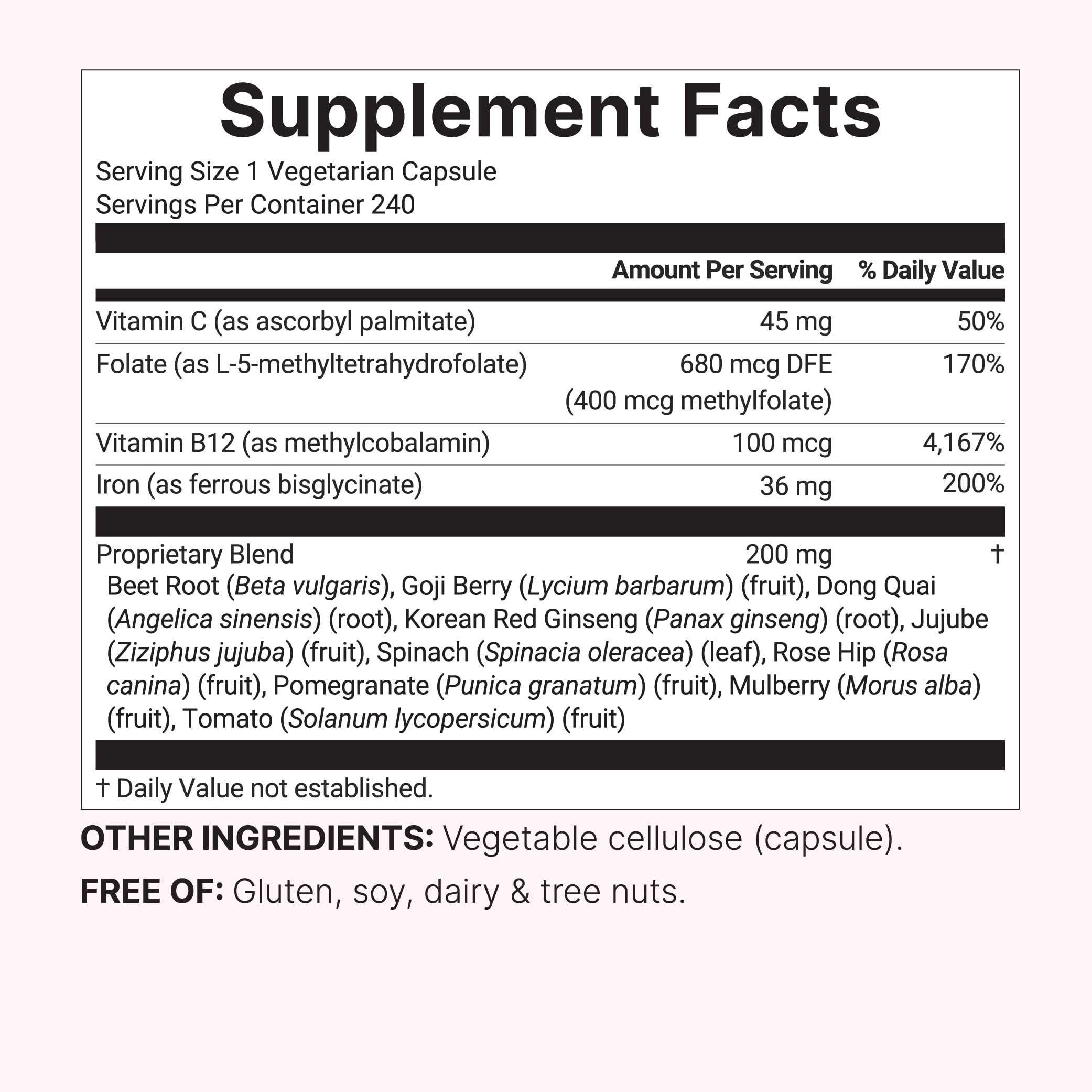 Micro Ingredients Iron Bisglycinate Supplement for Women & Men | 14-in-1 Chelated Ferrous Bisglycinate Complex with Vitamins C & B12, Folate, Botanical Blend | 240 Veggie Capsules | Non-GMO — Amazon image 6