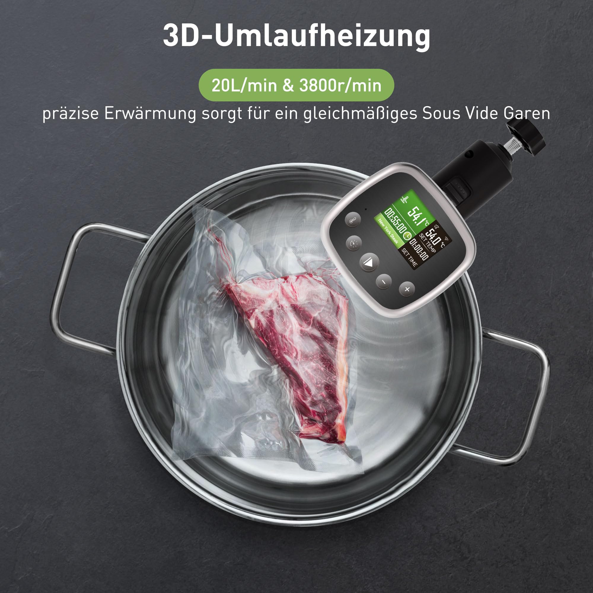 KitchenBoss Sous Vide Stick Garer：WiFi Präzisionskocher App-Steuerung Sous Vide Stab 1100W Zirkulation 40℃-90℃ Temperaturbereich IPX7 Wasserdicht TFT Touch Display Ultra-leise Tauchzirkulator