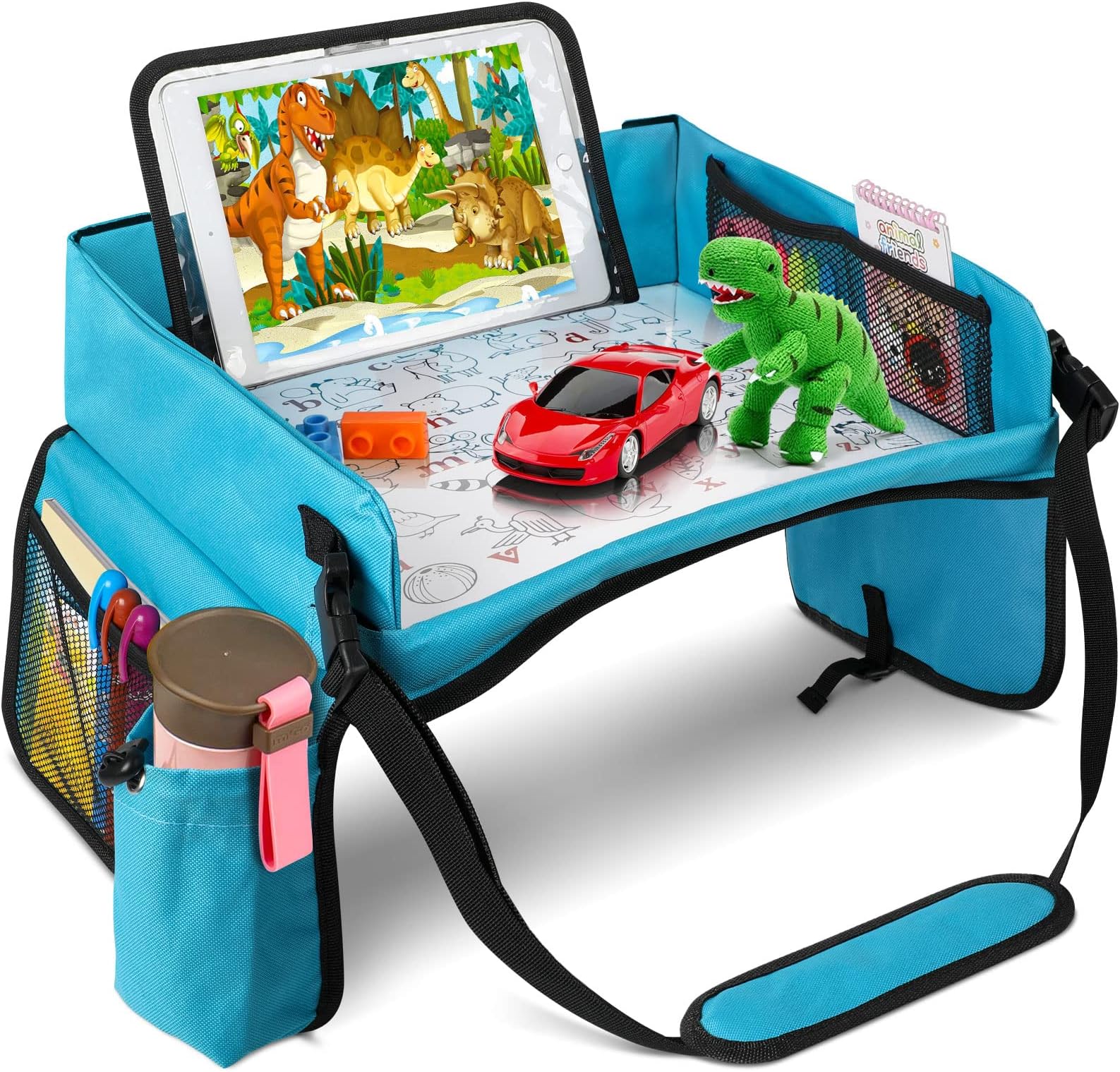 BUENAVO [New Version] Car Seat Organizer Kids Travel Tray for Kids Toddlers Activities in Car Seat, Stroller, Airplane | Waterproof Dry Erase Top | Side Pocket & Water Bottle Holder