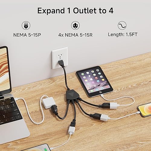 Miniatura 2 de Cable Matters Paquete de 2 cables divisor de alimentación de 4 tomas, 1.5 pies, NEMA 5-15P a NEMA 5-15R Y, protector de salida de 16 AWG, cable de