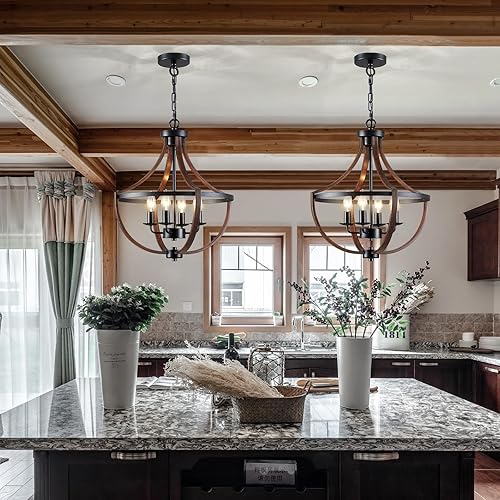 Miniatura 8 de Candelabro moderno de granja de 4 luces rústicas colgantes de madera sintética de grano negro de 16.5 pulgadas de altura ajustable para comedor,