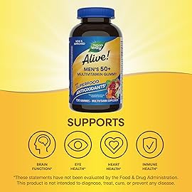 Nature\'s Way Alive! Mens 50+ Daily Gummy Multivitamins, Supports Healthy Brain, Eyes, Heart*, B-Vitamins, Gluten-Free, Fruit Flavored, 150 Gummies (Packaging May Vary)