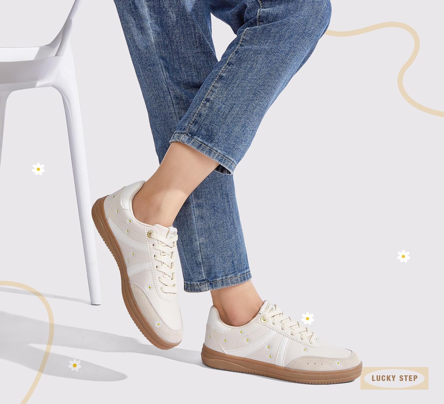 LUCKY STEP Women Classic Retro Tennis Sneakers Fashion Gum Sole Skate Casual Walking Shoe Anti Slip Floral Embroidery Comfortable Trainers