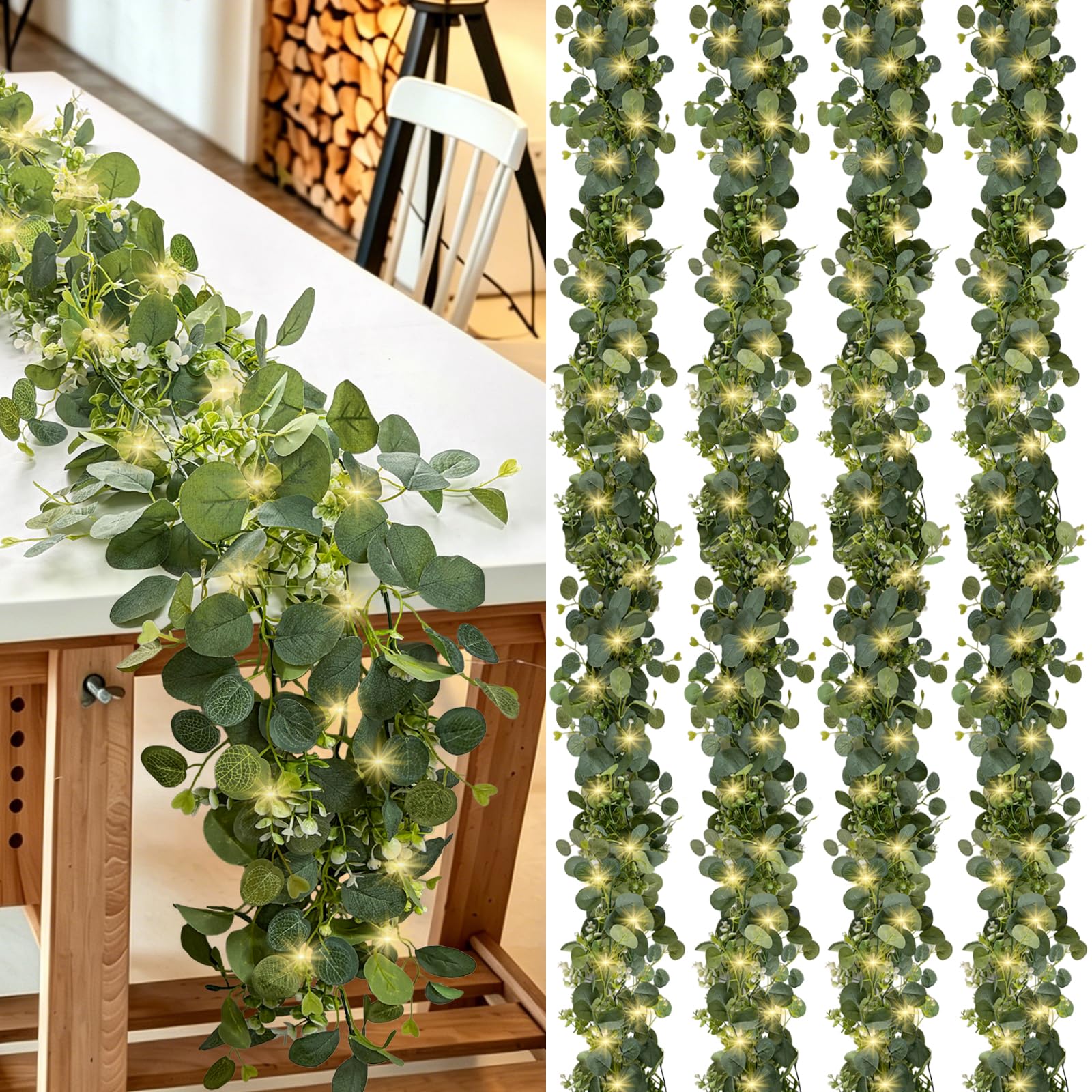 Lot de 4 guirlandes d'eucalyptus artificielles avec guirlande lumineuse LED, 1,8 m, fausses feuilles de verdure éclairées, feuilles artificielles en soie pour chemin de table de mariage