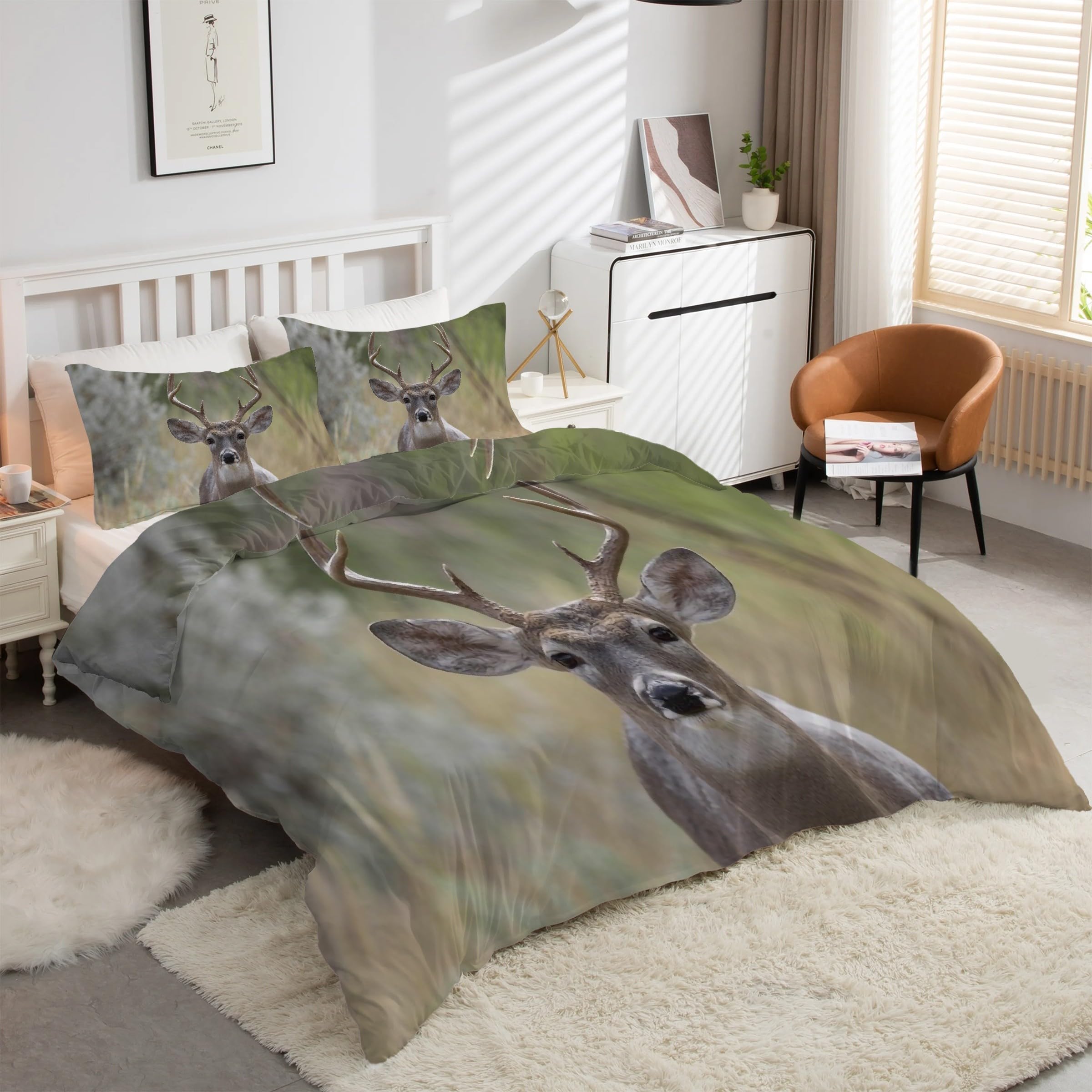 Housse de couette 240 x 260 Cerf microfibre douce parure de lit 3 pièces imprimé animal