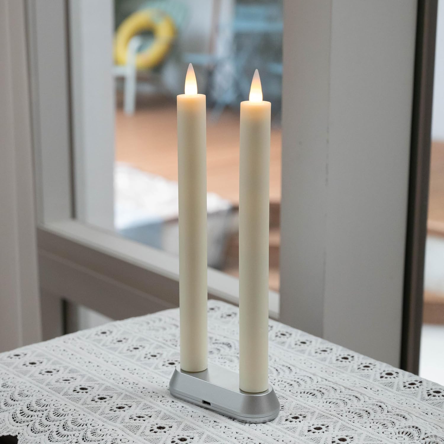 Rechargeable Flameless Tealights Candle with Remote Timer, 3D Moving Flame Real Wax Candles (Includes Remote Control, Charging Base, and USB Cable) (Rech-2Taper-White, 9in)