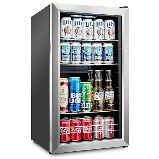 Ivation 126 Can Beverage Refrigerator | Freestanding Ultra Cool Mini Drink Fridge | Beer, Cocktails, Soda, Juice Cooler for Home & Office | Reversible Glass Door & Adjustable Shelving, Stainless Steel