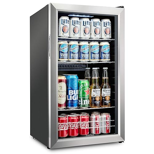 Ivation 126 Can Beverage Refrigerator | Freestanding Ultra Cool Mini Drink Fridge | Beer, Cocktails, Soda, Juice Cooler for Home & Office | Reversible Glass Door & Adjustable Shelving, Stainless Steel - 126 Can - Stainless Steel