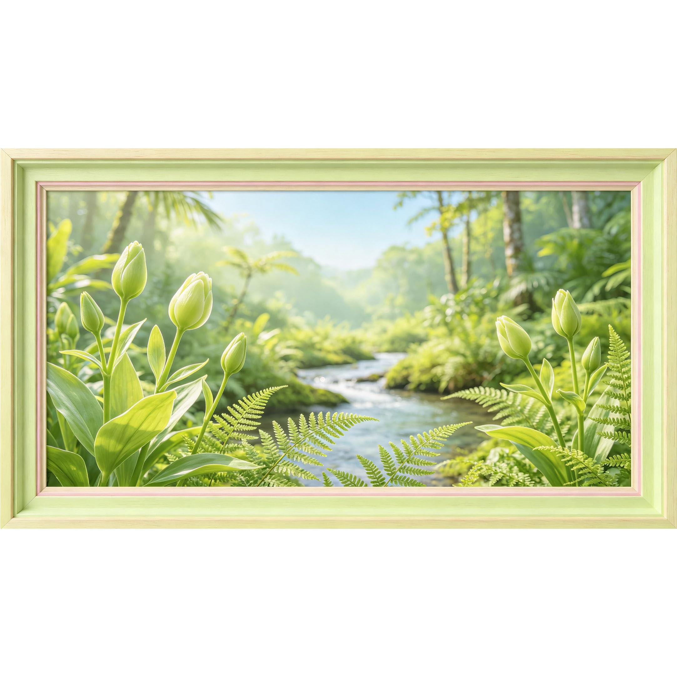 QZLITHOTIC 50x90cm3D Framed Wall Art， Botanical Green Forest River Tulip Landscape Self‑Adhesive Mural， Water‑Activated Peel & Stick Fabric Decor Wall Decal for Bedroom Living Room