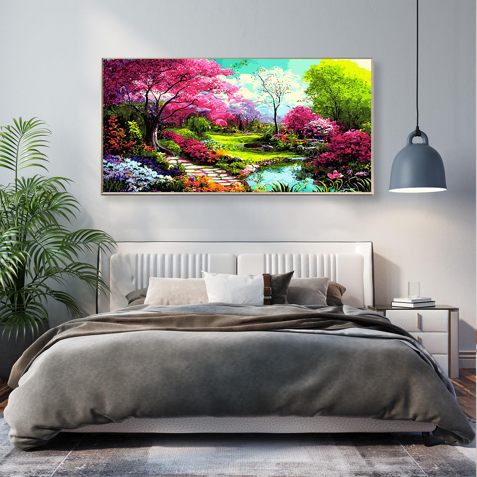 Hjjdiyes Peinture par numéros Paysage de fleurs pour adultes 80 x 40 cm - Kit de bricolage pour adultes - Peinture par numéros - Grande taille XXL - Fleurs d'eau peinte à la main - Kit huileux - Toile