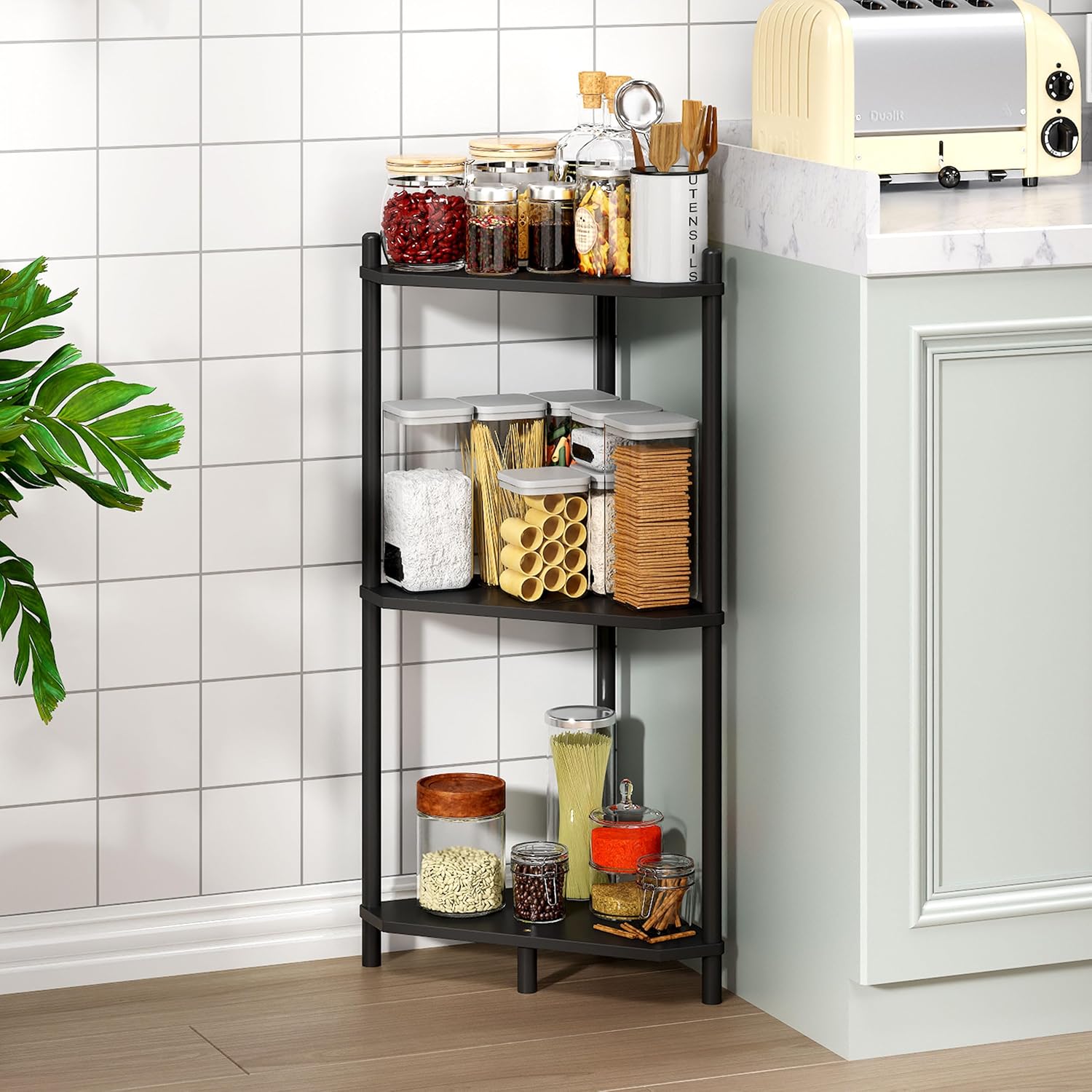 Corner Shelf Stand - 3 Tier Bamboo Small Corner Bookshelf for Office Kitchen Bedroom Plant Stand Living Room Decor Small Space (Black, 3 Tier)