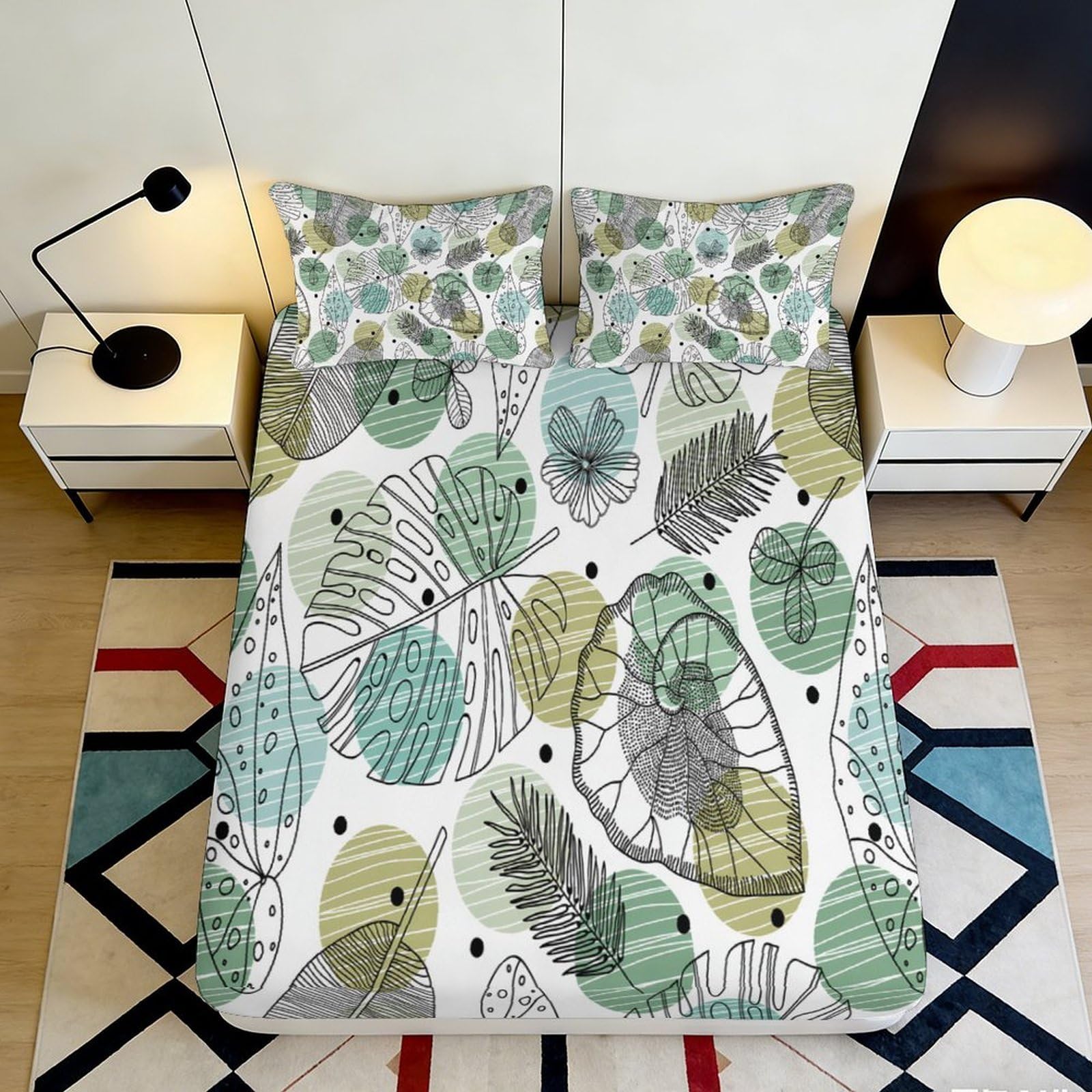 3D Printed Botanical Leaves Fitted Sheet Microfiber Soft Breathable Green Floral Bed Cover with Mattress Protection for Bedroom Dormitory Guest Room 140x200x25cm