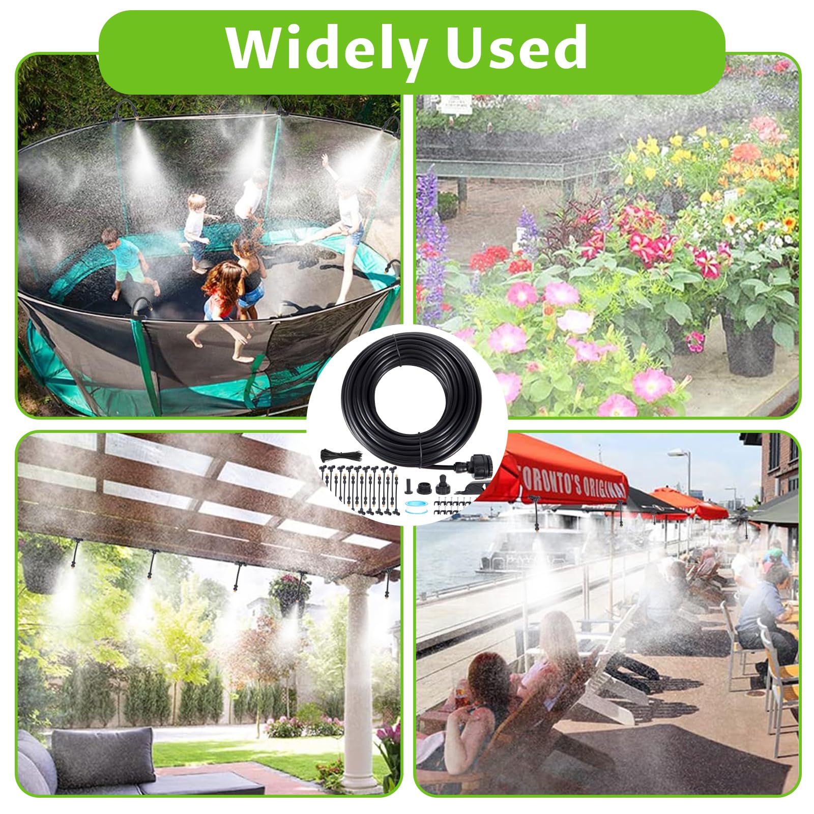 16M Outdoor Mister, 64 szt. Zestawy do nawadniania System zamgławiania z 18 dyszami do mgły ze złączem T + 1 adapter (mosiądz, 3/4") do imprez plenerowych, ogrodów