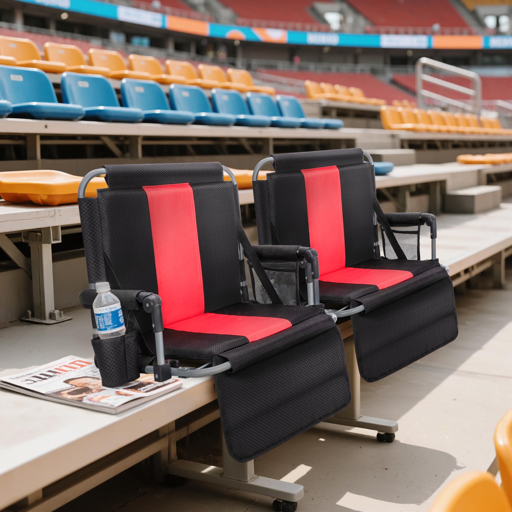Let's Camp Folding Stadium Seat Bleacher Chair with Cup Holder, Mesh Bag and Hide Hooks, Portable Stadium Chair with Back and Cushion