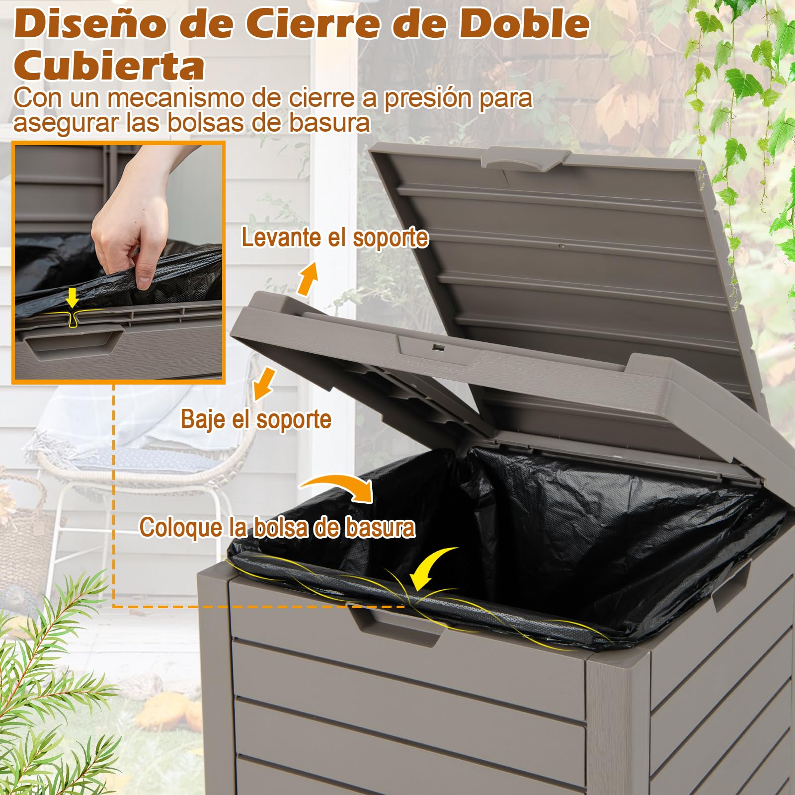 COSTWAY Cubo de Basura para Exterior, 118L Contenedor de Basura con Tapa y Bandeja líquida Extraíble, Bote de Basura de Resina, Contenedor Impermeable de Doble Tapa, 40 x 40 x 86 cm (Marrón, 2 Piezas)