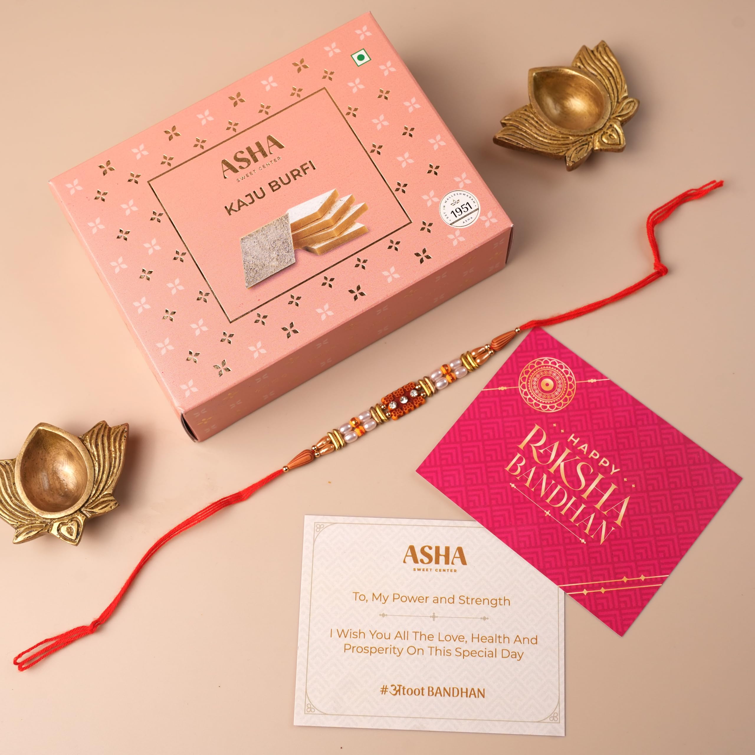 ASHA Sweets Rakhi Celebration Combo Pack with Kaju Katli (250gm), 1 Handmade Rakhi & Wish Card Set for Gifting to Brother & Sister |Premium Raksha Bandhan Festive Gift Box for Family & Friends