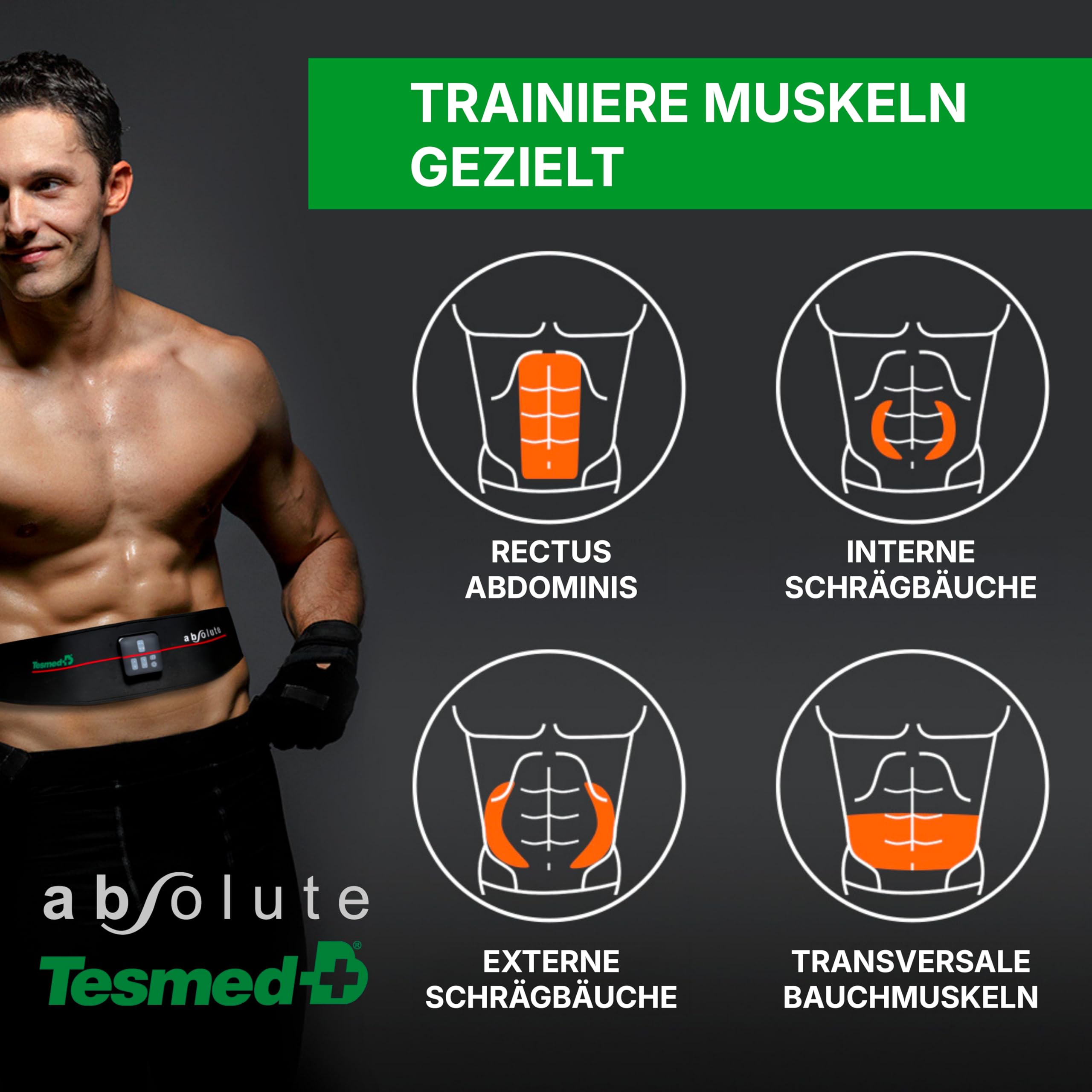 TESMED Absolute: Elektrischer EMS-Bauchmuskeltrainer-Gürtel. EMS-Trainingsgerät für zentrale und seitliche Elektrostimulation des Bauches. Unisex, Wiederaufladbar, Made in Italy.