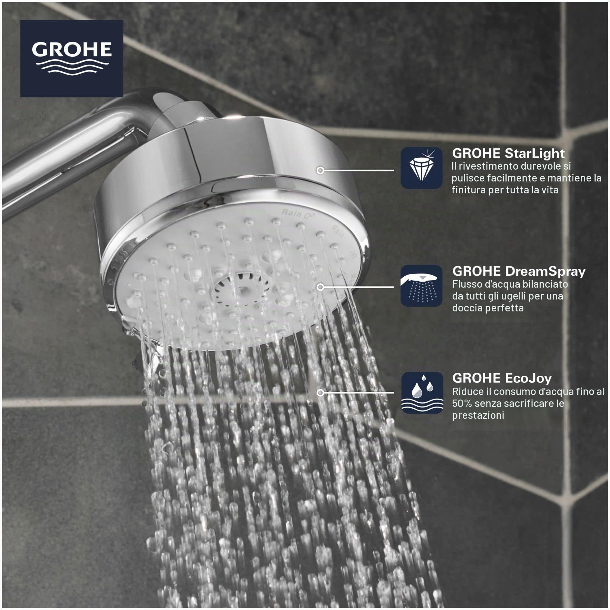 GROHE 26043001 - Soffione doccia Tempesta Cosmopolitan 100, 4 funzioni spray Starlight Chrome