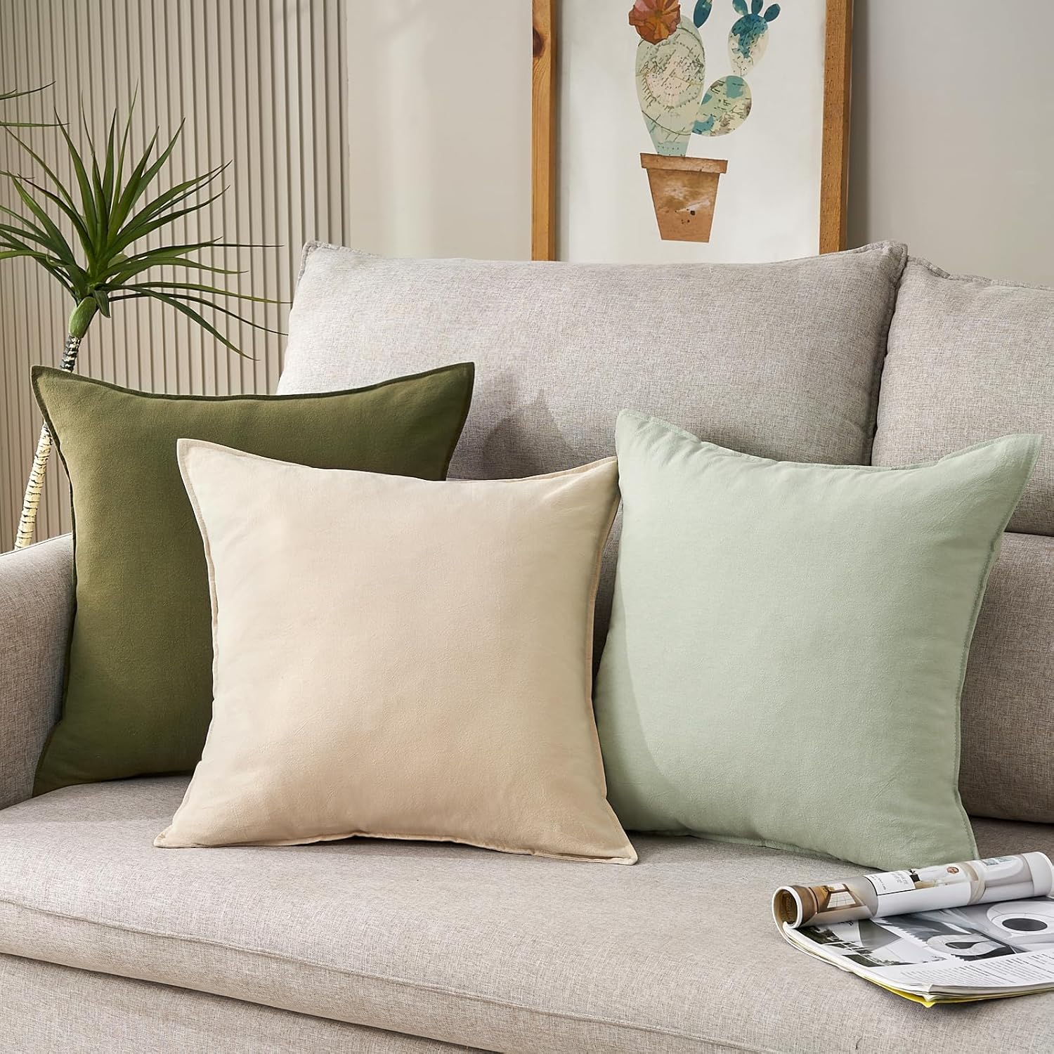 Decorative Pillow Covers Set of 2 50 x 50 cm Cotton Linen Cushion Covers with Hidden Zipper for Living Room Bedroom Sofa Olive Green
