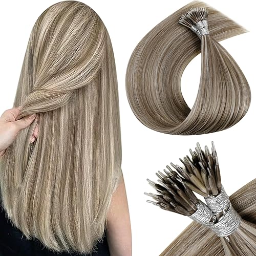 LaaVoo Nano Ring Hair Extensions Brown Nano Hair Extensions Human Hair Highlight Light Brown to Golden Brown Nano Bead Hair Extensions Human Hair 18in 50g 50s
