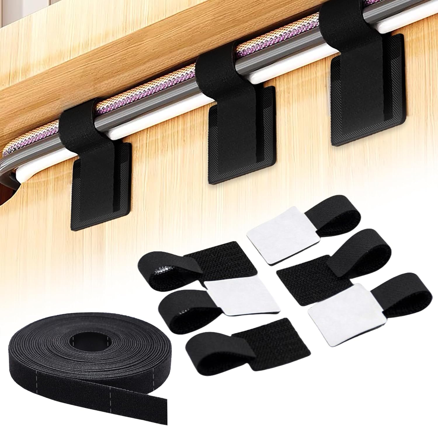 40 Hook and Loop Cable Ties, Sticky-back Cord Organizer, Cable Clip, Cable Management Under Desk, Self Adhesive Hook and Loop Cable Straps, Adjustable Nylon Wire for Home, Office (Black)