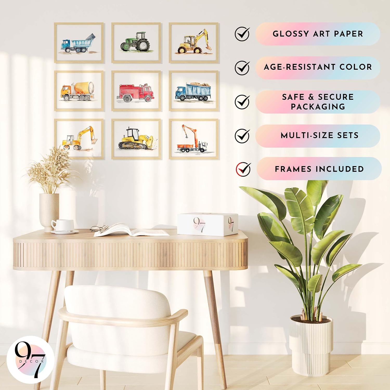 97 Decor Kids Wall Art FRAMED Posters - Construction Room Decor For Boys Bedroom, Truck Posters For Boys Room, Nursery Framed Art Prints, Tractor Pictures Little Boy Toddler Room Decorations (BEIGE FRAME)