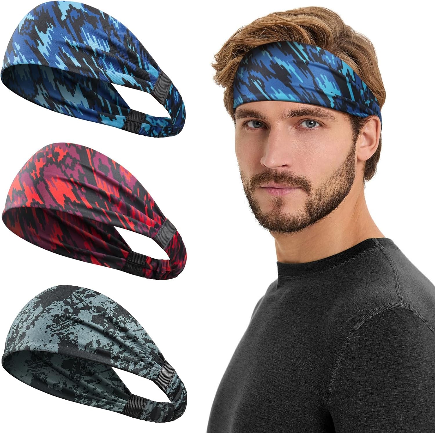 Fascia Sportiva Capelli Uomo, 3 Pezzi, fascia per il sudore sportiva per uomini e donne, Antiscivolo Fascette Capelli, Traspirante Fasce Per Capelli, per fitness, tennis, yoga, corsa e sport