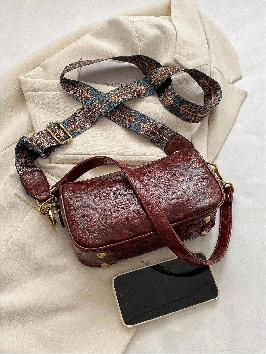 QWINEE Women's Western Purse Floral Zipper Tooled Leather Crossbody Bag Vintage Country Cowgirl Hobo Square Purse - Image 5