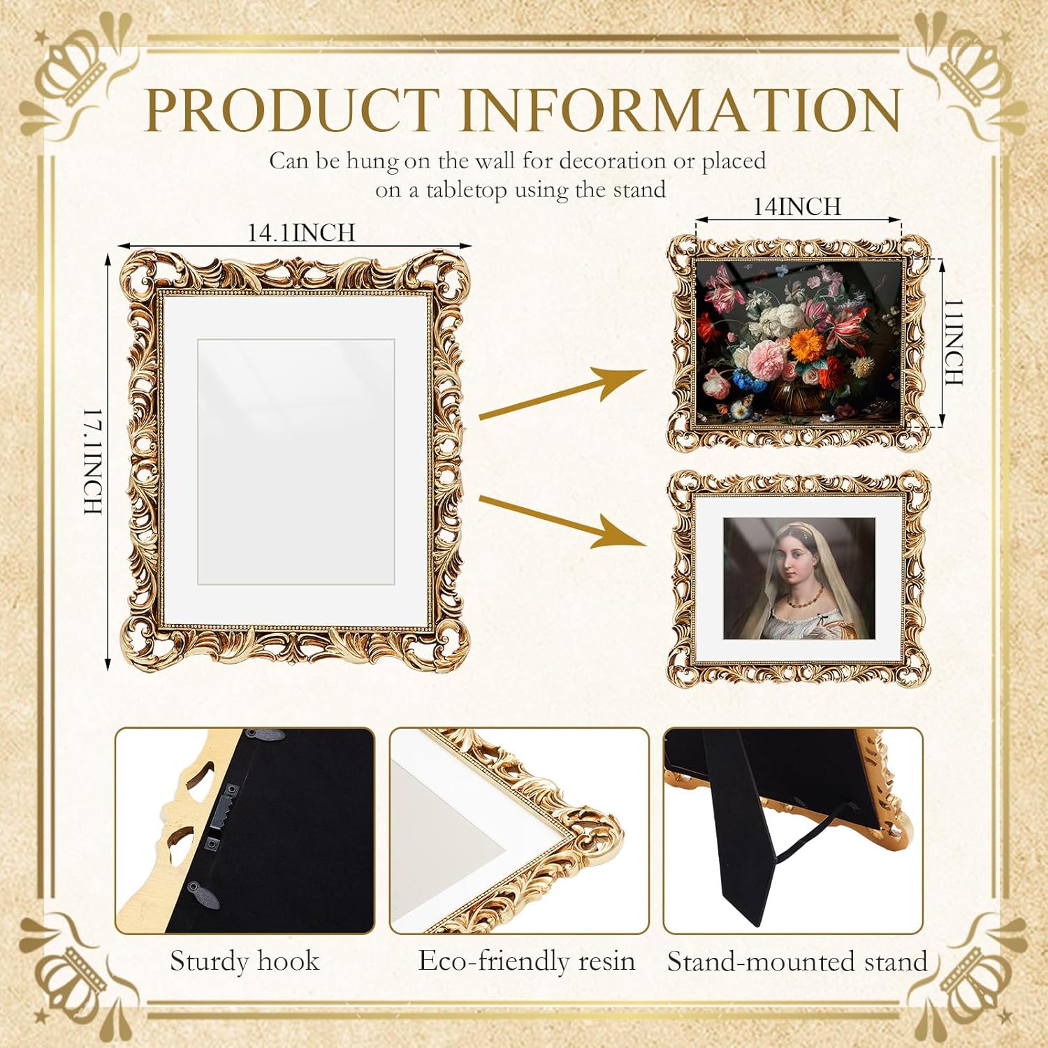 2 Pcs Gold 11x14 Picture Frame Vintage Ornate Picture Frames for 11x14 or 8x10 Pictures with White Mat for Home Wall Hanging Decor or Tabletop Display