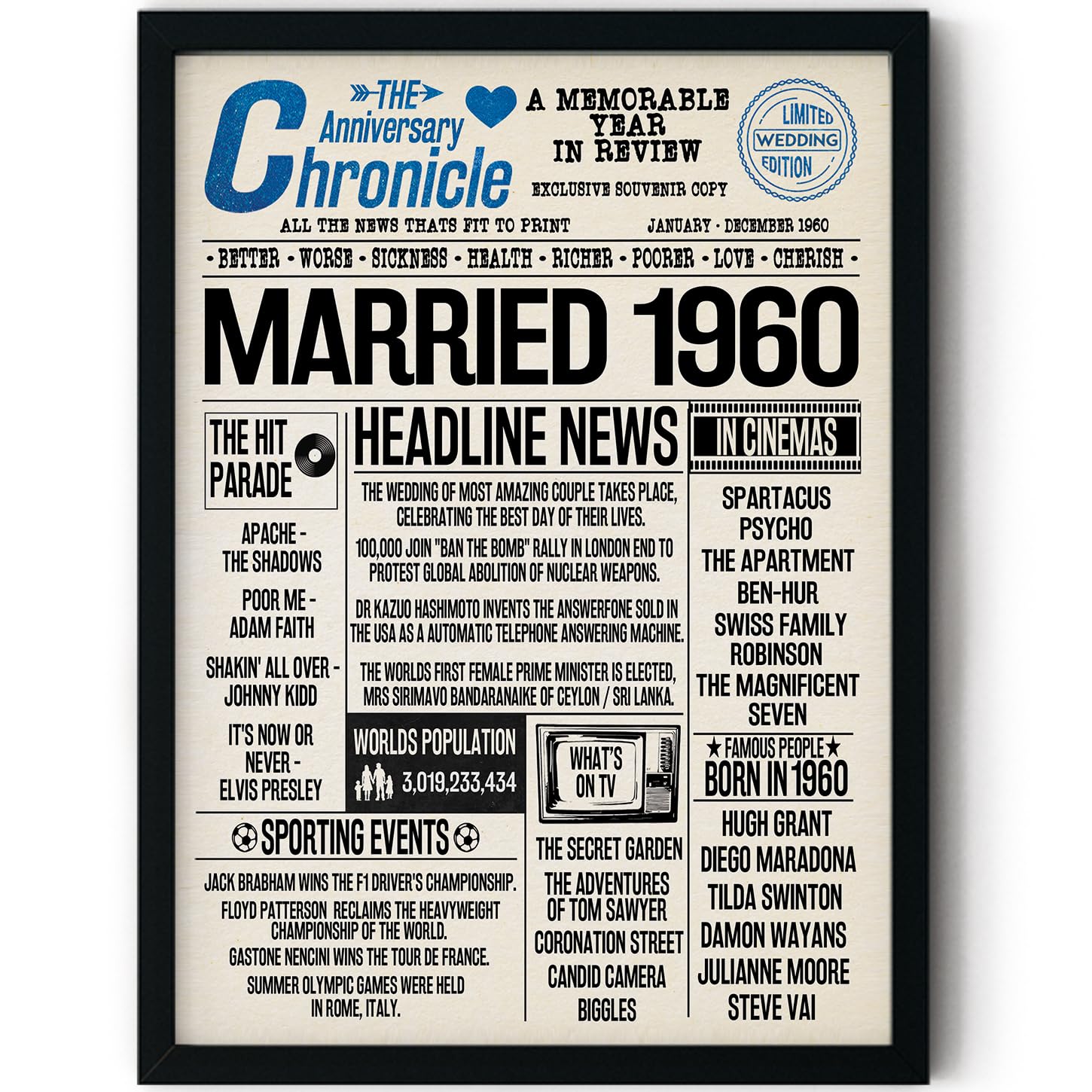 Stuff4 Men's 1960 66Th Anniversary Poster Framed - Married In Newspaper - Happy 66Th Wedding Anniversary For Wo Vintage Gifts Retro Back In 8X10 Inch Anniversaries Posters