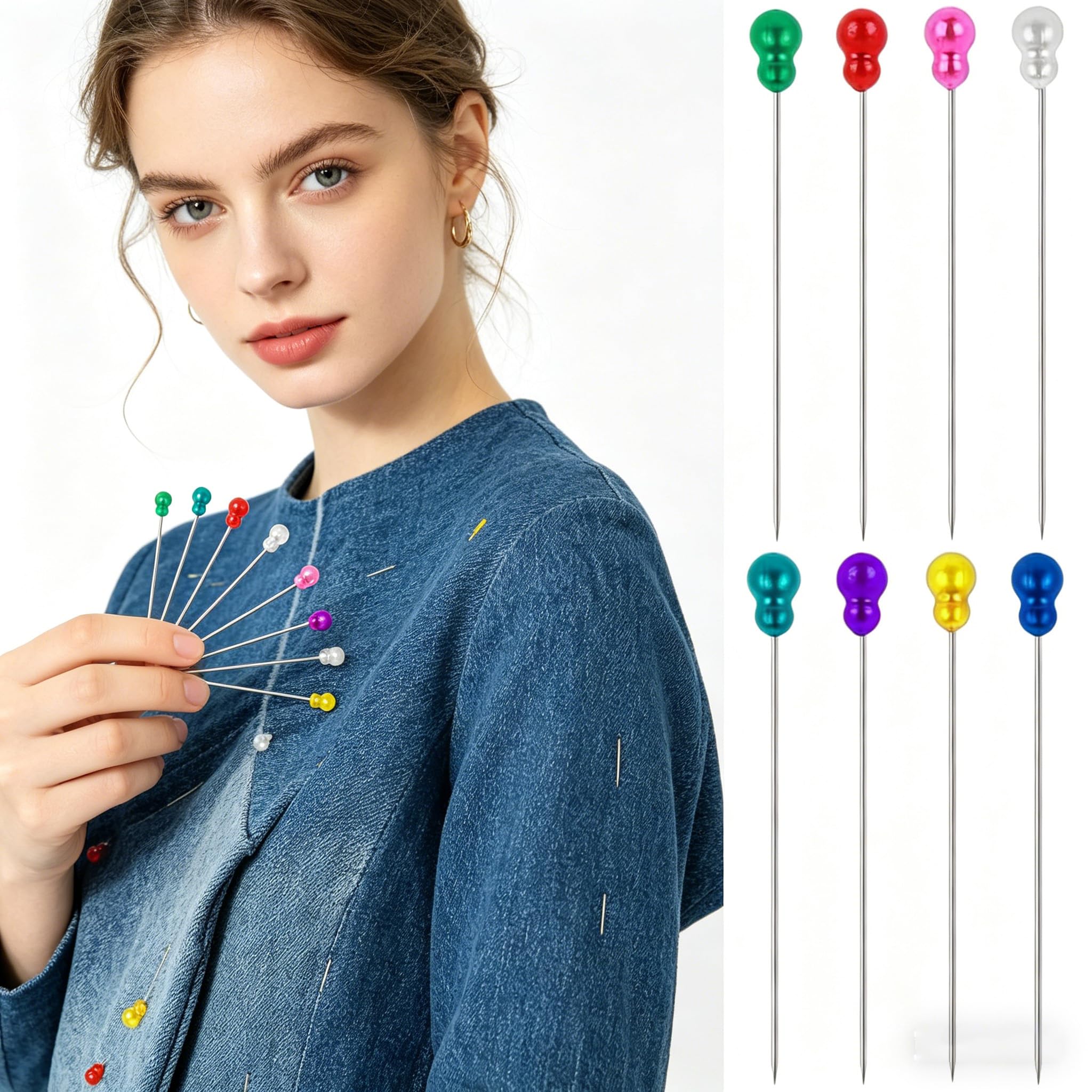 100 Colored Glass Head Pins, Pearlized Gourd Shape, Extra Fine Dressmaking Pins for Sewing, Quilting, and Fabric Crafts