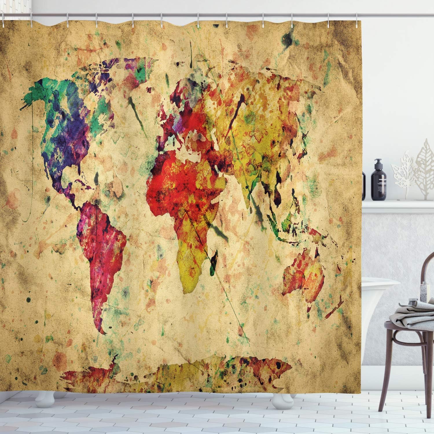 Ambesonne Retro Shower Curtain, Vintage World Map on Grunge Backdrop with Colored Continents Atlas Chart Image, Cloth Fabric Bathroom Decor Set with Hooks, 69" W x 70" L, Beige Red