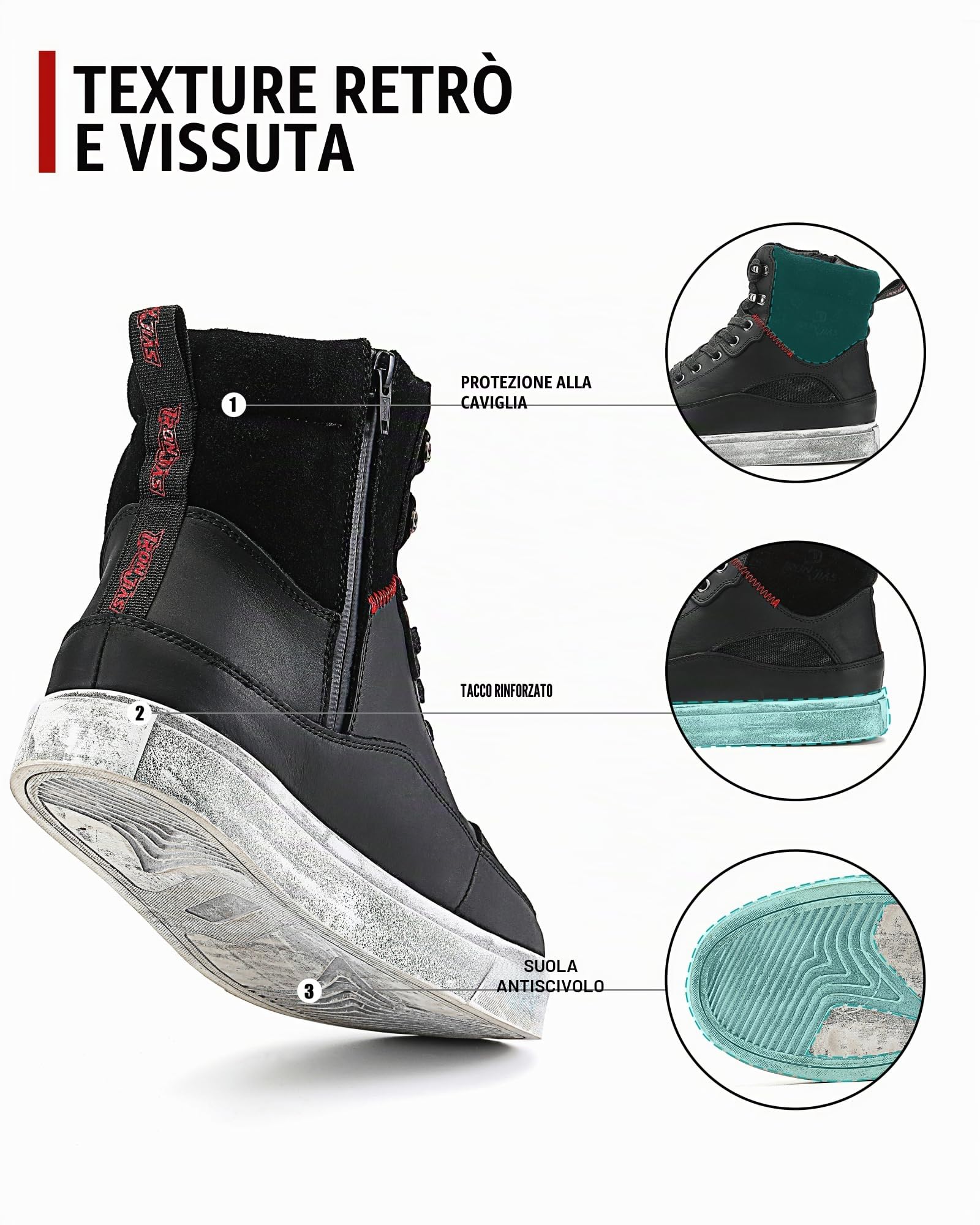 Scarpe Moto Uomo in Pelle Traspirante Stivali Moto Uomini con Cerniera Laterale, Supporto alla Caviglia, Suola Antiscivolo, Pad del Cambio Nero 43