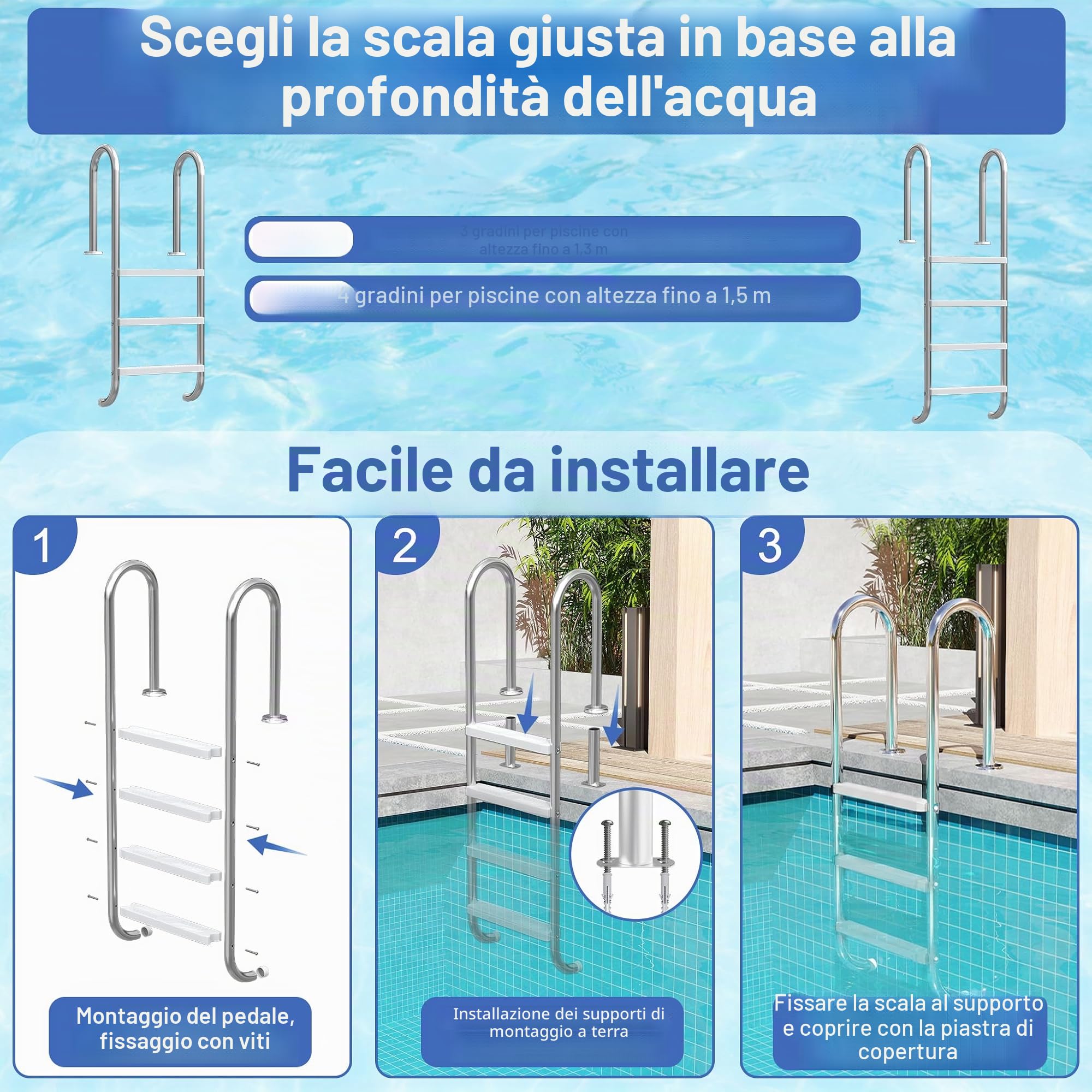UISEBRT 304 - Scala per piscina in acciaio inossidabile con 4 gradini | 157 x 54 x 26,5 cm - Argento | Scala da piscina con antiscivolo | Scala per l'ingresso a piscina e vasca | Resistente fino a 150