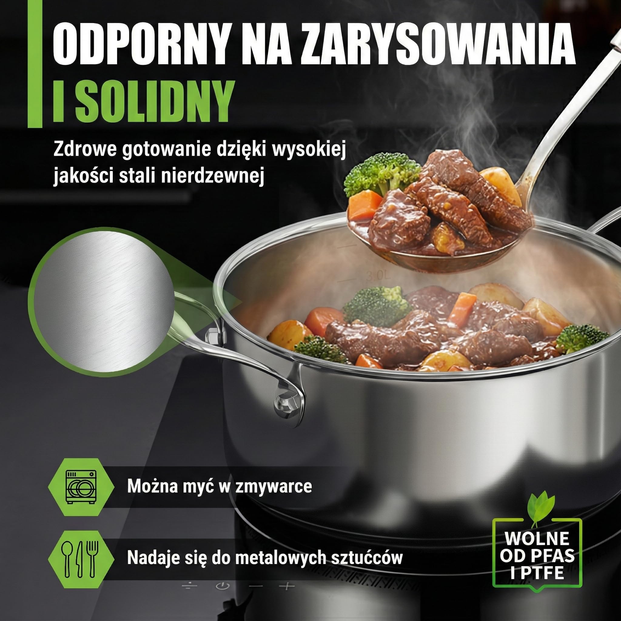 Garnek do zupy Ø 20 x 10 cm 3 l - 1,8 kg - garnek ze stali nierdzewnej nadaje się do kuchenek indukcyjnych, nadaje się do mycia w zmywarce - nowoczesna płaska szklana pokrywka - 5-warstwowa