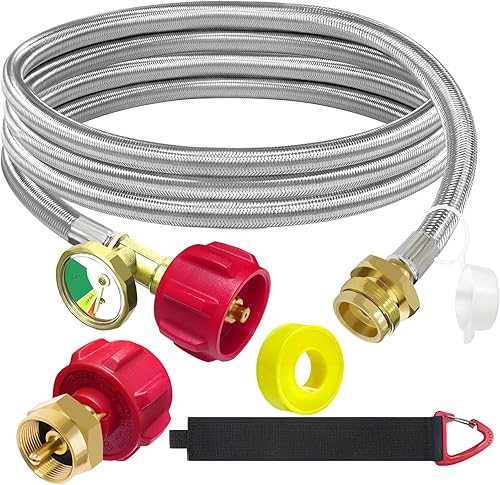 Manguera adaptadora de tanque de propano trenzada de acero inoxidable de 6 pies con calibre, adaptador de repuesto de propano convertidor de 1 lb a