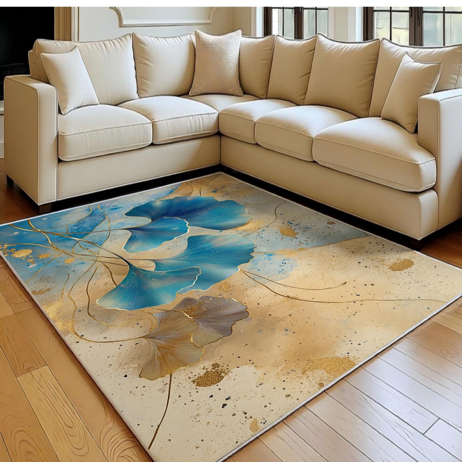Tapis ginkgo 140x200 cm bleu au style abstrait pour le salon et la chambre