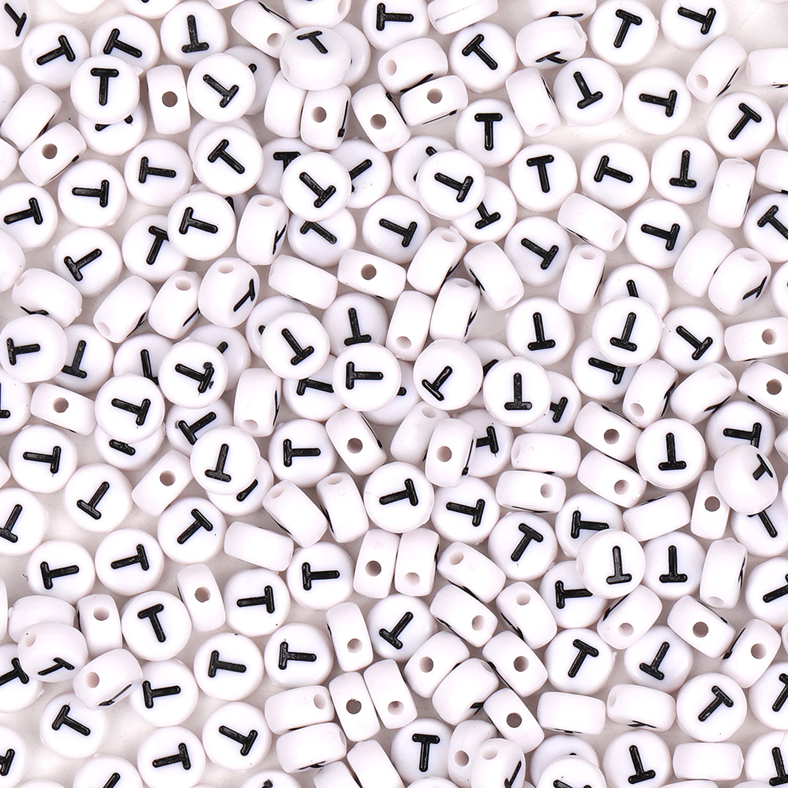 300Pcs Letter Beads T 4X7mm White Alphabet Beads Acrylic Round Shape Loose Beads for Name Bracelets Necklaces Key Chains DIY Jewelry Making (T)